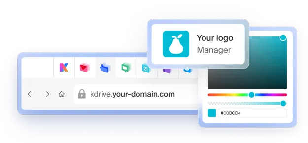 Illustration d'une interface de personnalisation de marque, montrant la possibilité d'ajouter un logo et de modifier les couleurs d'un espace cloud, avec une barre d'adresse personnalisée et des icônes d'applications sur un fond bleu.