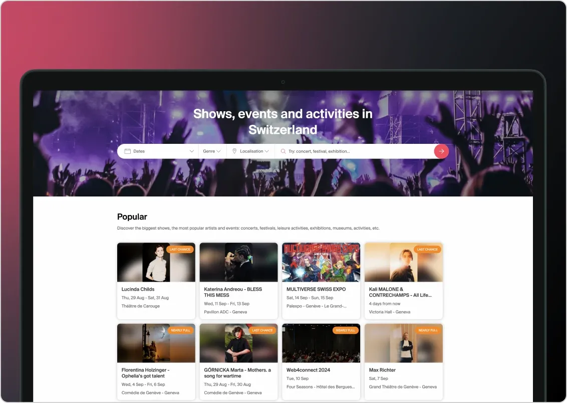 Image illustrant la plateforme de vente de billets avec les évènements à venir.