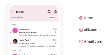 Interface mobile d'une boîte de réception email avec un design épuré sur fond rose, mettant en avant des domaines personnalisés tels que @ik.me, @etik.com et @ikmail.com.