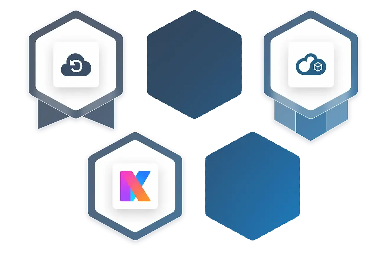 Illustration de badges contenant les logos de produits Infomaniak