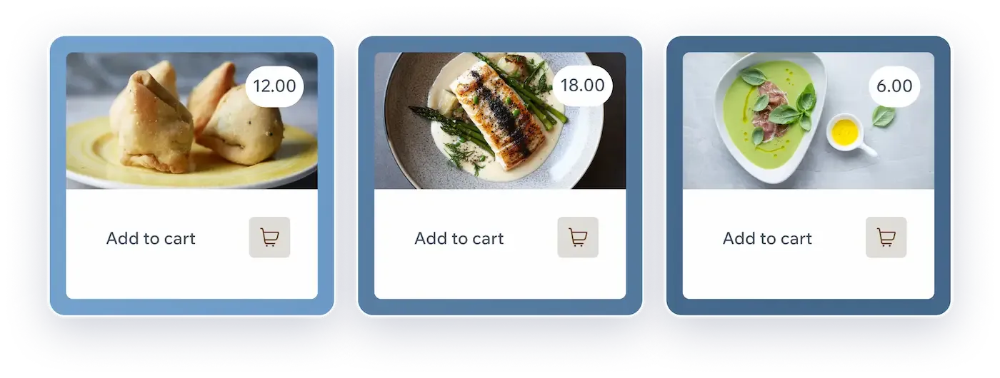 Présentation de menu sous forme de cartes à ajouter au panier