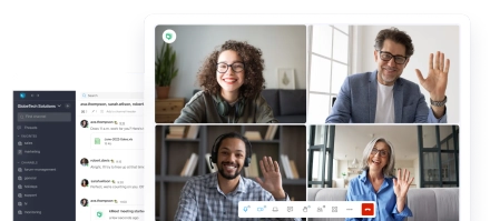Capture d'écran d'une réunion en visioconférence avec quatre participants souriants se saluant, accompagnée d'une interface de messagerie en arrière-plan sur un fond violet moderne.