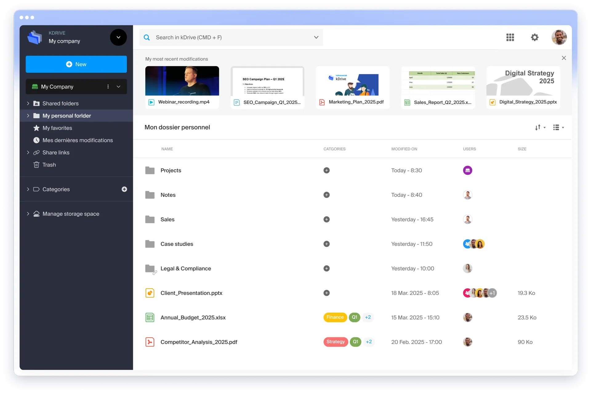 Interface d'un espace de stockage en ligne sur kDrive, affichant une arborescence de dossiers et fichiers récents, avec des options de gestion, de partage et de collaboration sur un fond moderne et épuré.