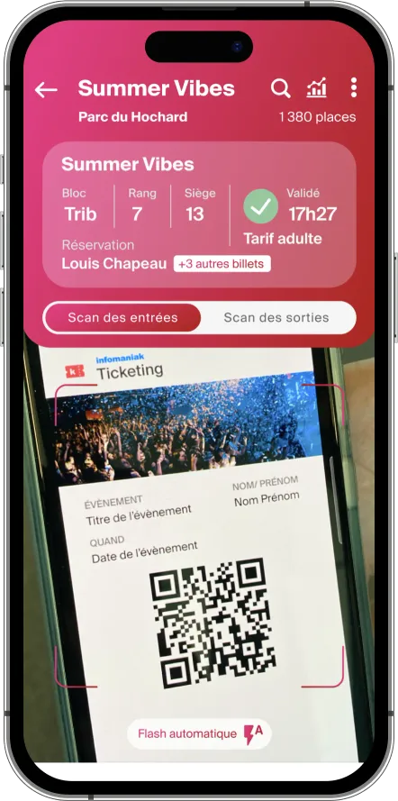 Interface mobile affichant l'application de gestion d'événements Infomaniak Ticketing, avec des options pour le scan des entrées et sorties, et des informations sur les réservations de billets.